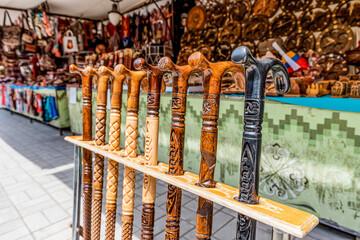 wooden carved cane for sale at the flea market in Yerevan
