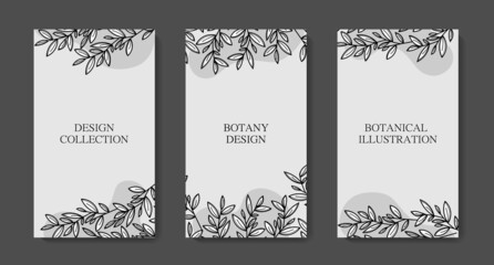 Set banner postcards plant-style stickers with leaves and branches in black and white. For wedding invitations, postcards, posters, labels of cosmetics and perfumes, packaging paper.