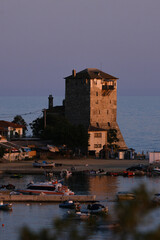 Mount Athos, Ouranoupoli, Byzantine Prosforio tower during sunset