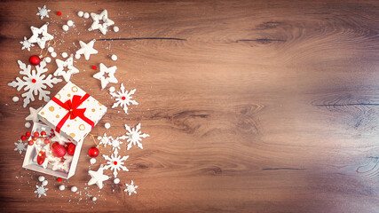 Christmas composition of Christmas decoration on Brown wooden background
