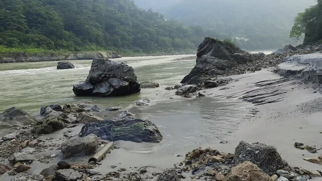 Morning view at GOA beach located in Rishikesh Uttarakhand near Laxman Jhula, Clean view of Ganga river at Rishikesh during early morning time, World famous GANGA river full view
