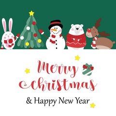 Vector illustration. Greeting card Merry Christmas and happy new year with animals and cartoon ellements on green background