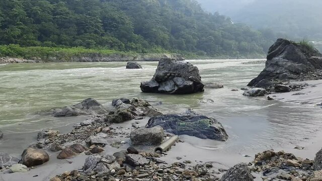 Morning view at GOA beach located in Rishikesh Uttarakhand near Laxman Jhula, Clean view of Ganga river at Rishikesh during early morning time, World famous GANGA river full view