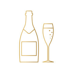 golden champagne bottle and glass, cheers, New Year Eve- vector illustration