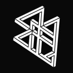 Impossible shapes. Escher style. Sacred geometry figure. Optical illusion. Abstract eternal geometric object. Impossible endless outline shape. Op art. Impossible geometry shape on a black background.