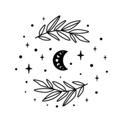 Celestial moon. Ramadan. Floral moon celestial symbol. Celestial crescent isolated graphic element. Astrology sign. Boho luna shape. Cosmic illustration. Moon phase, stars, branch. Esoteric logo.