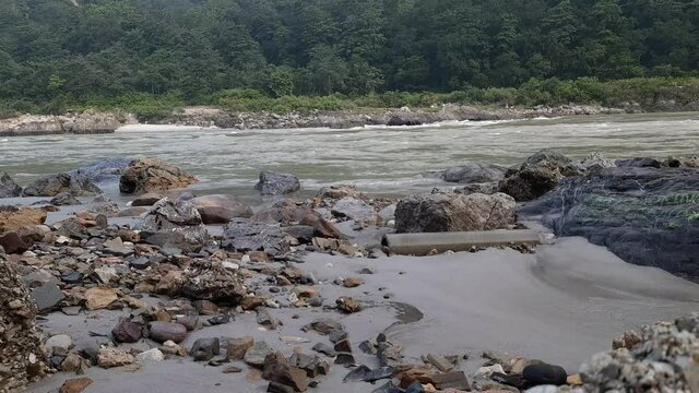 Morning view at GOA beach located in Rishikesh Uttarakhand near Laxman Jhula, Clean view of Ganga river at Rishikesh during early morning time, World famous GANGA river full view