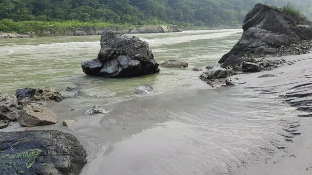 Morning view at GOA beach located in Rishikesh Uttarakhand near Laxman Jhula, Clean view of Ganga river at Rishikesh during early morning time, World famous GANGA river full view