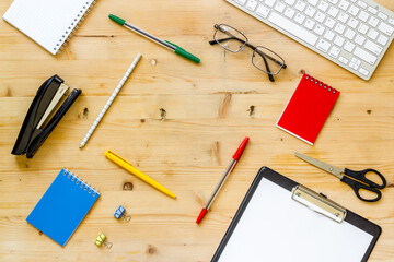 Flat lay office table desk workspace with computer keyboard. Top view