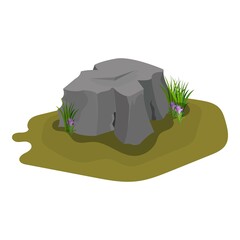 Rock stone with branches of grass and crocus flowers as attractive landscape design element vector illustration isolated on white background EPS10.