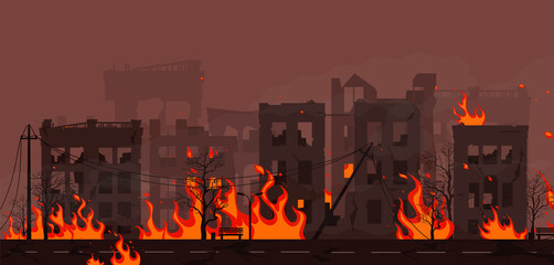 Fire in burning buildings on city street orange flame cityscape. Burning city ruins in fire