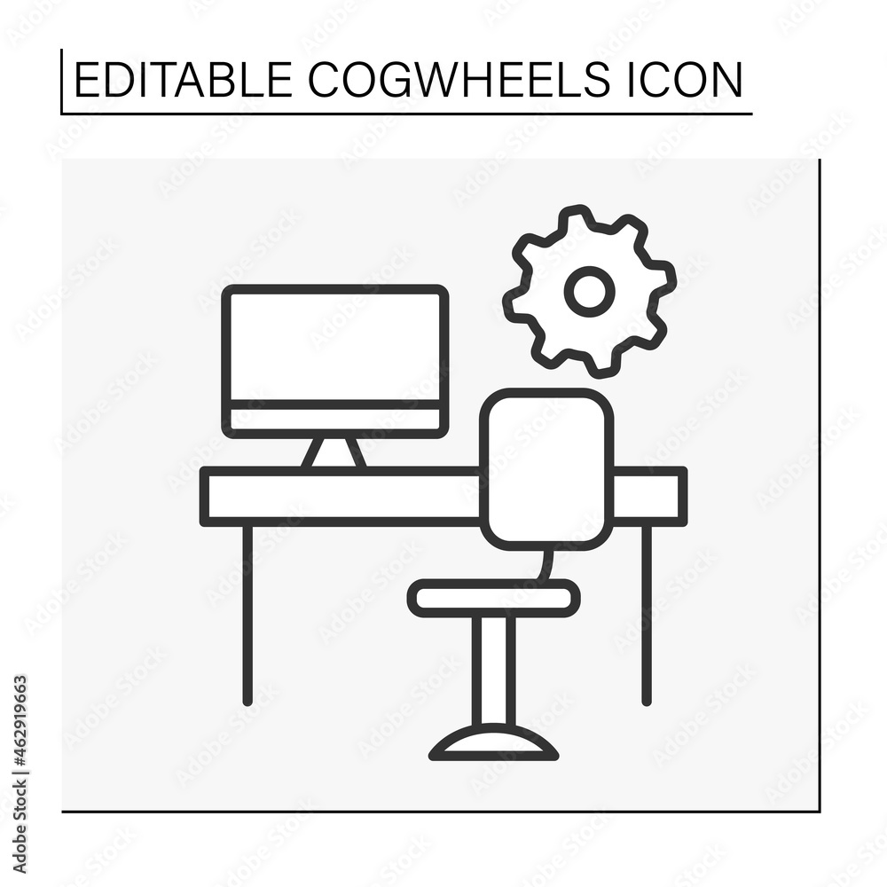 Poster office line icon. comfortable room with desk and personal computer for work. productivity. cogwheels