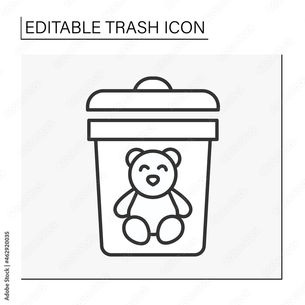 Poster utilization line icon. waste sorting. put the teddy bear into the bin. ecology.trash concept. isolat