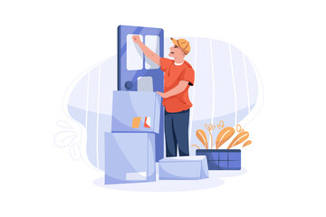 Courier man delivers goods to the door