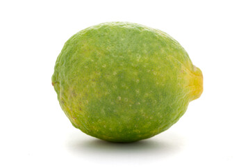 Detailed closeup of organic green fresh fruit of lemon  (Citrus limon), isolated over white background