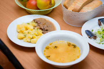 Food in the dining room. Russian national food. 