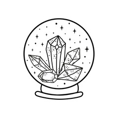 Magic crystal ball with crystals. Crystal logo Fortune teller crystal ball sketch. Witchcraft magic symbol. Halloween graphic element. Alchemy vector illustration isolated crystal ball Mystic logo.