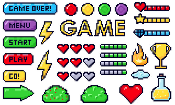Pixel game buttons. Games UI, gaming controller arrows and 8 bit pixels button.Pixel game elements set. Vintage computer video arcades.