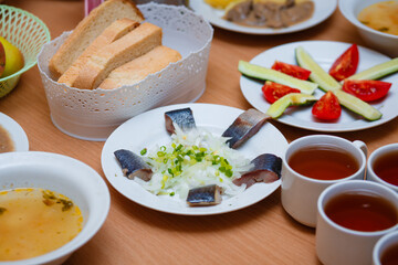 Food in the dining room. Russian national food. 