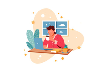 Boy with coffee studying at home with laptop 