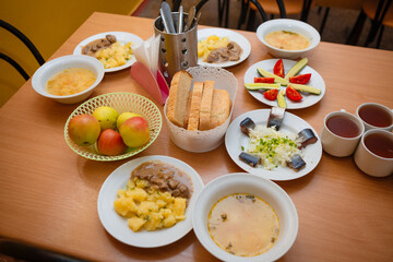 Food in the dining room. Russian national food. 