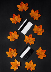 Credit card blanks and autumn leaves on the black background. Black Friday shopping. Sales and discounts in fall