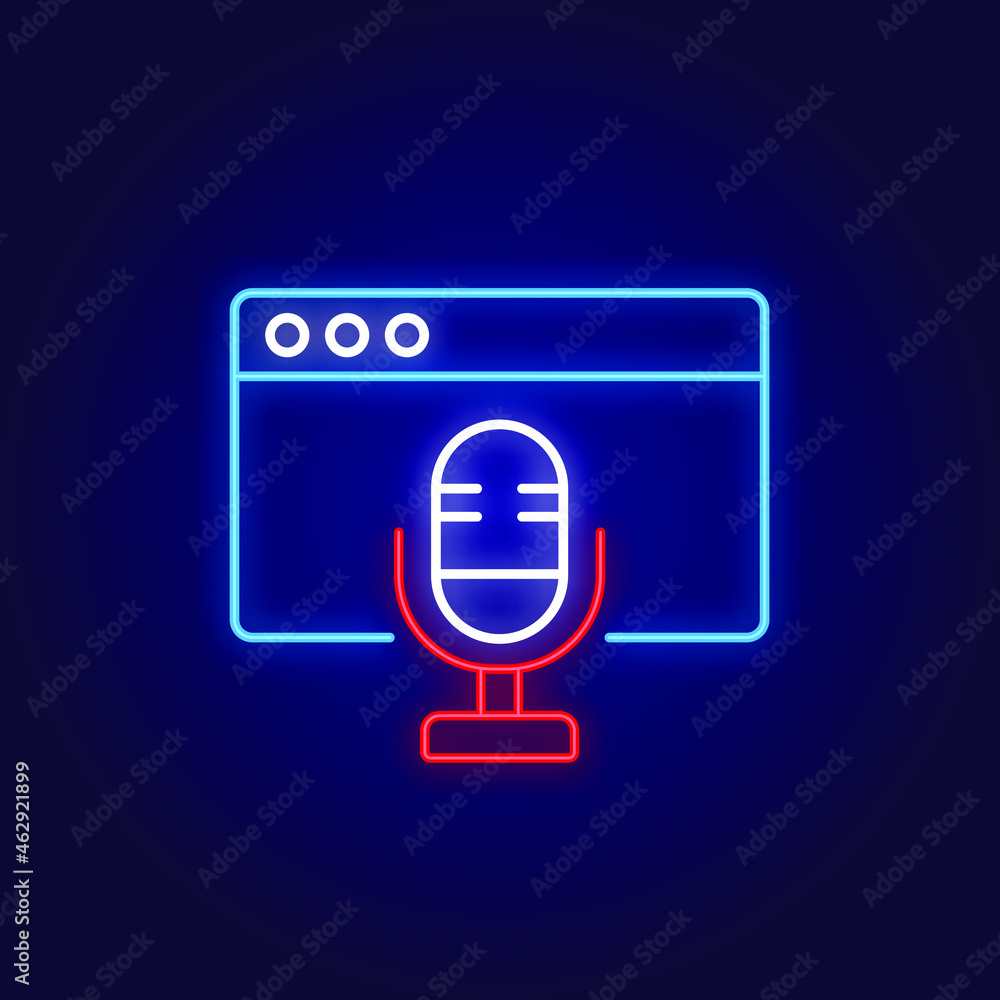 Poster microphone with web page color neon icon. podcast. thin line symbols. isolated vector illustrations.
