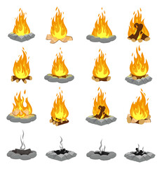 Wood campfire. Outdoor bonfire, fire burning wooden logs and camping stone fireplace. Camping fire, travel and adventure concept