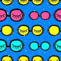 Closed eyes with colored glasses. Pop art seamless pattern. Vector