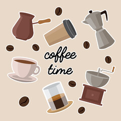 Coffee flat vector set, coffee set, coffee maker, geyser coffee maker, coffee grinder, iced coffee, espresso, ristretto, takeaway coffee, eco pack, paper cup