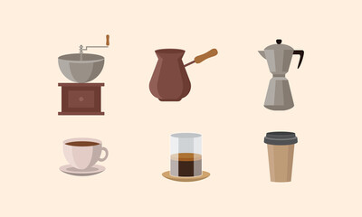 Coffee flat vector set, coffee set, coffee maker, geyser coffee maker, coffee grinder, iced coffee, espresso, ristretto, takeaway coffee, eco pack, paper cup