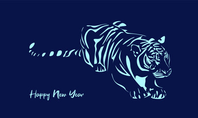 vector drawing of the silhouette of a Chinese tiger in 2022, a simple hand-drawn Asian element for a postcard, poster, brochure, banner, calendar, vector illustration isolated on an indigo background