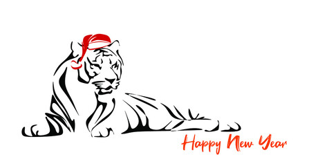 vector drawing of a silhouette of a Chinese tiger in 2022 with a red riding hood, a simple hand-drawn Asian element for a poster, brochure, banner, calendar, isolated illustration on a white backgroun
