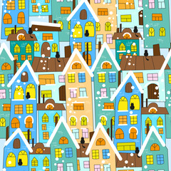 Doodle hand drawn town seamless pattern. Vector illustration for your cute design.