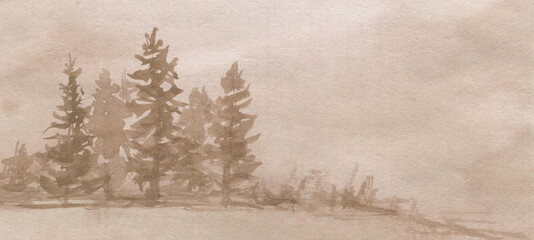 Watercolor drawing of pines and fir trees forest in natural sepia color. Beautiful landscape picture for design. - obrazy, fototapety, plakaty