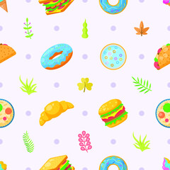 Seamless Pattern Abstract Elements Fast Food With Leaves Vector Design Style Background Illustration Texture For Prints Textiles, Clothing, Gift Wrap, Wallpaper, Pastel