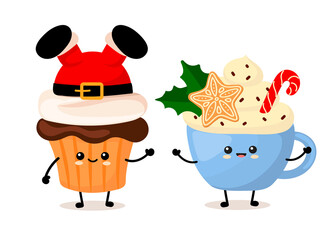 Christmas cake cupcake and a cup of hot kawai drink. cartoon style