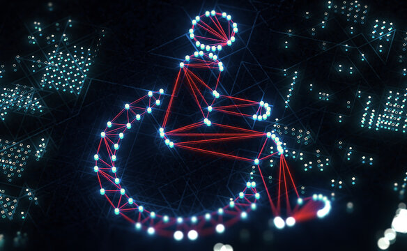 Icono de accesibilidad con silla de ruedas y tecnología de fondo abstracto.Ilustración 3d. Acceso en el sitio web de Internet en línea y la tecnología aplicada a las personas con discapacidad.