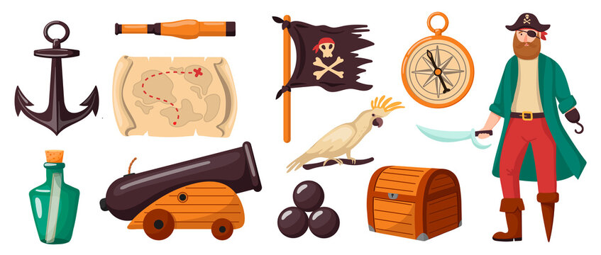 pirate set of elements. cartoon style.