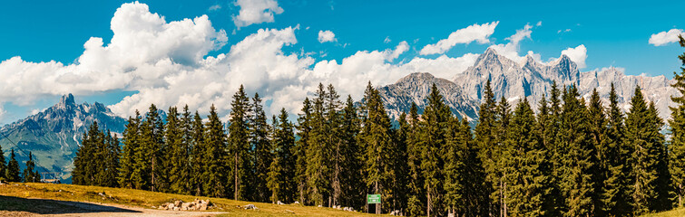 High resolution stitched panorama of a beautiful alpine summer view at the famous Rossbrand summit near Filzmoos, Salzburg, Austria