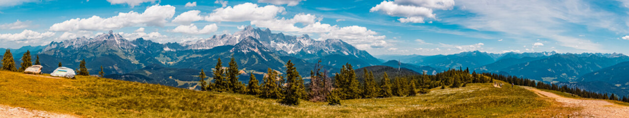 High resolution stitched panorama of a beautiful alpine summer view with the famous Bischofsmuetze and Dachstein summits seen from the Rossbrand summit near Filzmoos, Salzburg, Austria