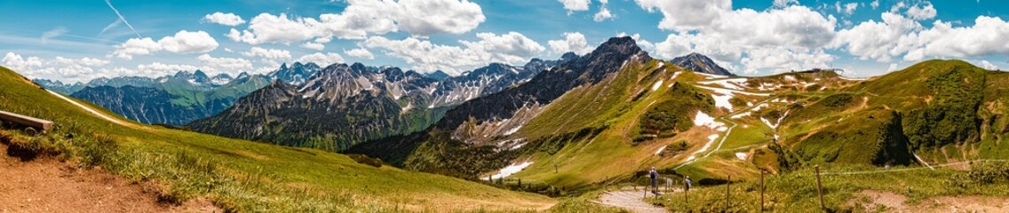 High resolution stitched panorama of a beautiful alpine summer view with the Kleinwalsertal in the...