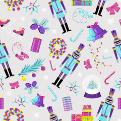 Pattern of nutcracker and Christmas attributes. Flat vector illustration.