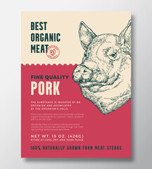 Animal Portrait Organic Pork Meat Abstract Vector Packaging Design or Label Template. Farm Grown Steaks Banner Modern Typography and Hand Drawn Pig Head Sketch Background Layout with Soft Shadow
