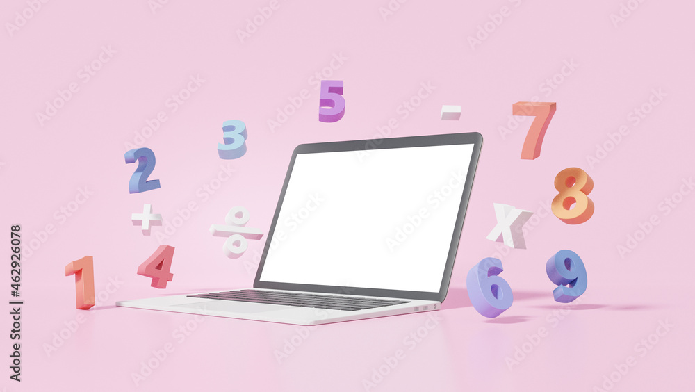 Poster 3d laptop mockup empty white screen on pink background with basic math operation symbols math, plus,