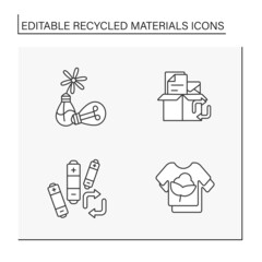 Recycled materials line icons set. Recycled materials decor, battery recycling,reusable shirt. Waste of glass, plastic and paper. Ecology concept. Isolated vector illustrations. Editable stroke