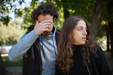 Fototapeta premium Couple in quarrel conflict, argue dissatisfied and try solve problem