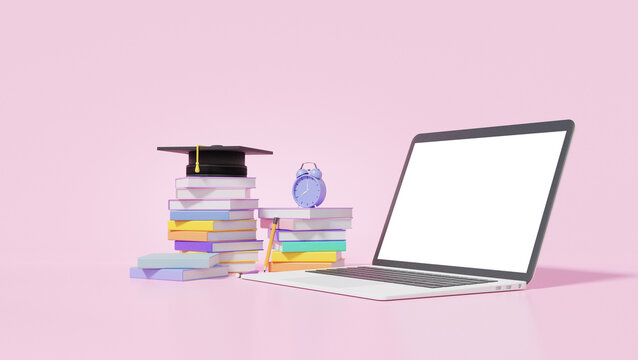 Laptop mockup empty white screen on pink background. graduation cap and book clock learning online Education concept. minimal cartoon, website. 3d render. illutration