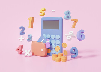 Calculator and wallet, calculate, coins basic math operation symbols math, plus, minus, multiplication, number divide cost concept. on pink background. 3D render illustration
