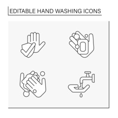 Hand washing line icons set. Rules for cleaning palms. Disinfection. Hygiena concept. Isolated vector illustrations. Editable stroke